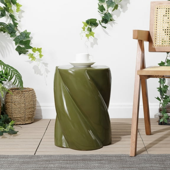 JONATHAN Y Yves 18" Modern Minimalist Rope Twist Ceramic Indoor/Outdoor Garden Stool, Forest Green