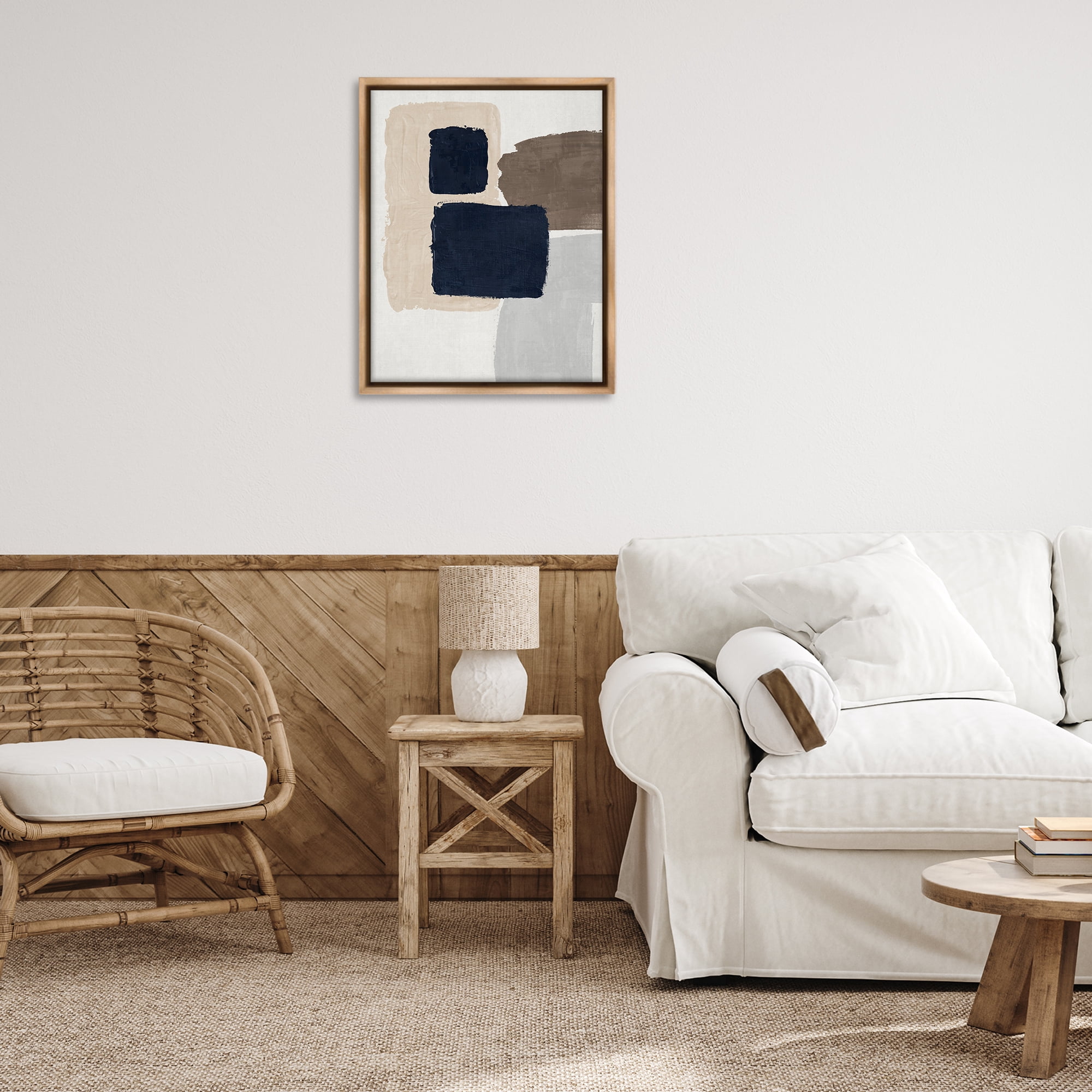 Stupell Industries Navy Blocked Shapes Abstract Painting Brown Floater Framed Canvas Art Print Wall Art, 25 x 31