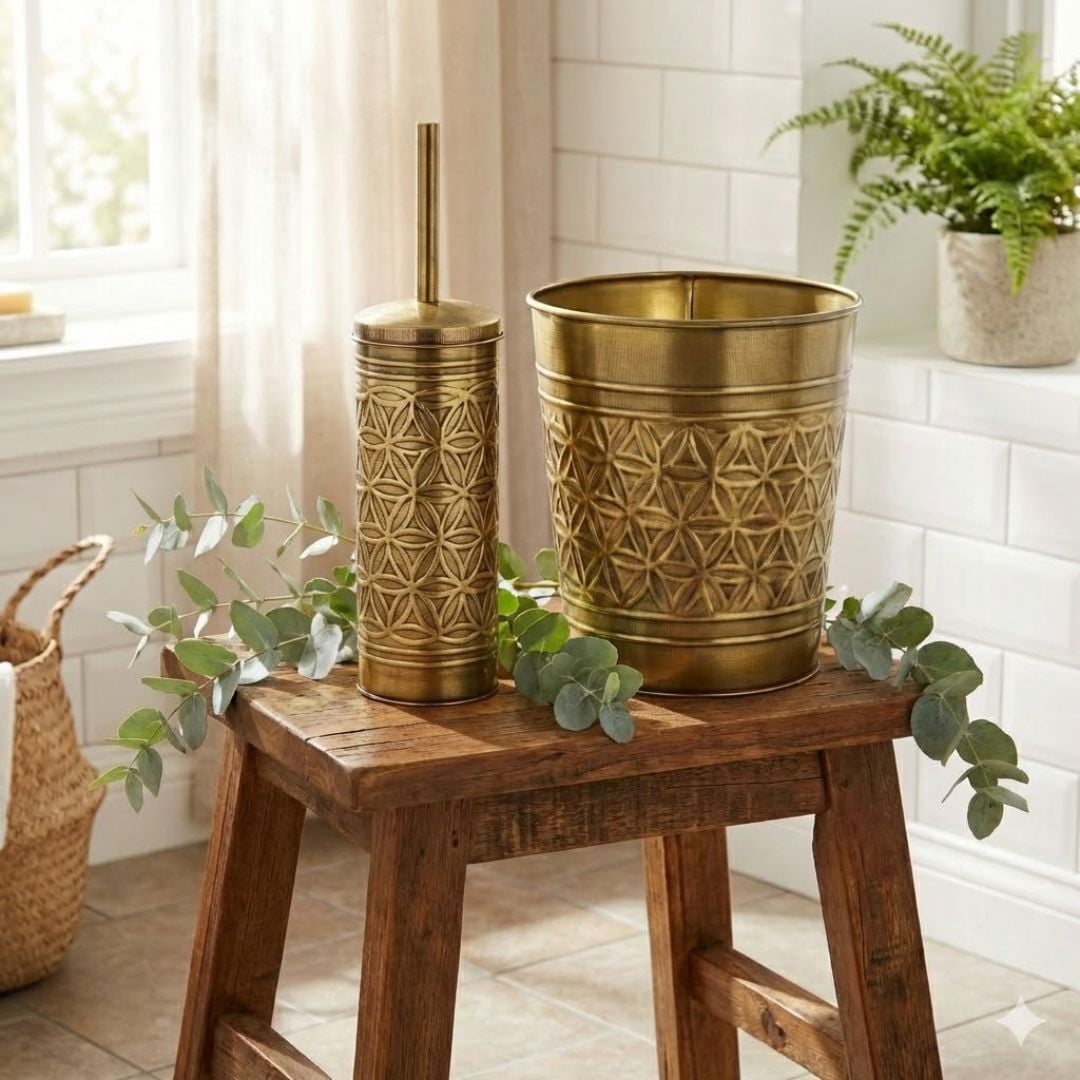 Autumn Alley Toilet Brush and Holder Set with Brushed Brass Bathroom Trash Can – Vintage Brass Bathroom Accessories Garbage Can Set for Rustic and Modern Bathroom Décor
