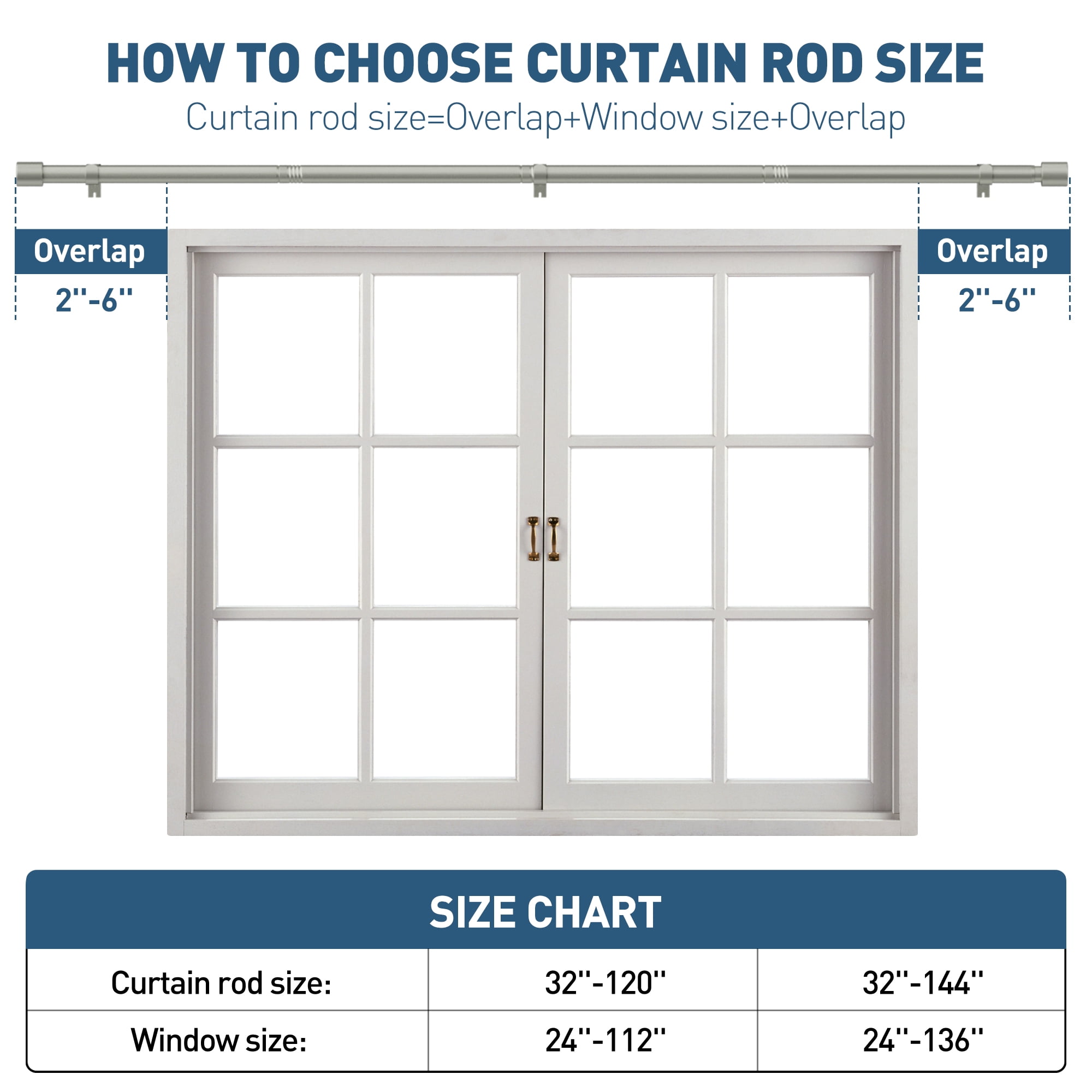 Curtain Rods 32 to 144 inch,1'' Heavy Duty Window Curtain Rod, Adjustable Curtain Rod Set, Modern Decorative Drapery Rods with Aluminium End Cap,Telescoping Single Window Curtains Rods 32-144",Silver