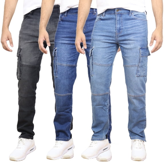 Men's 3-Pack Stretch Cargo Pocket Jeans - Classic Denim Look with Flexibility & Comfort (Sizes: 30-42)