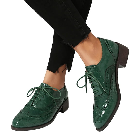 Oxford Shoes for Women Lace up Wingtip Vintage Pattern Leather Low Heel Pumps Shoes Business Work Casual Dress Shoes Green Size 9