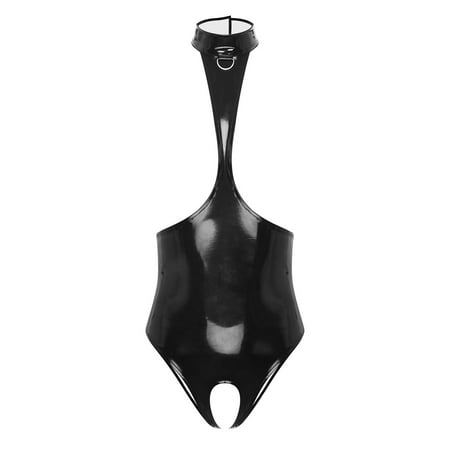 Zaldita Women s Wet Look Leather Teddy Lingerie Bodysuit Hollow Out Bobydoll Bodysuit Catsuit Black L