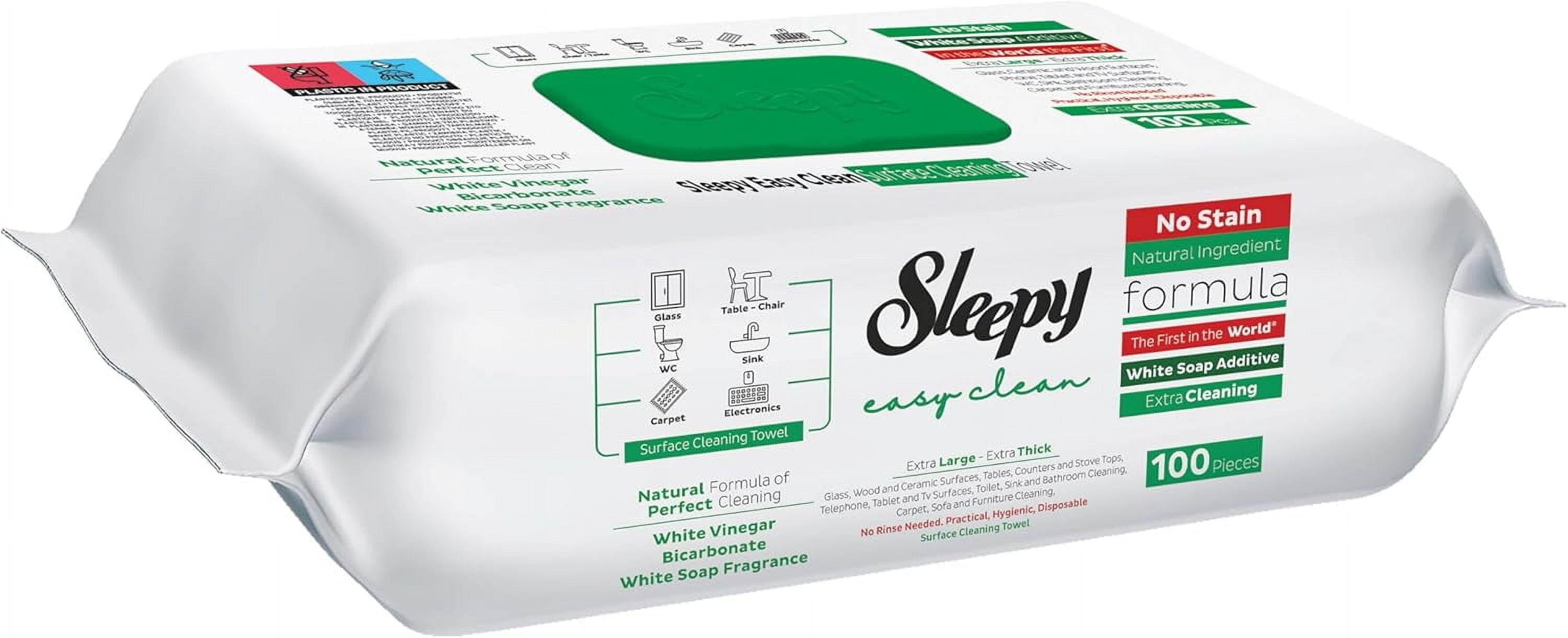 SLEEPY Pack of 6 Easy Clean All-Purpose Household Cleaning Wet Wipes, Vinegar and Bicarbonate Based, White, 100 Count