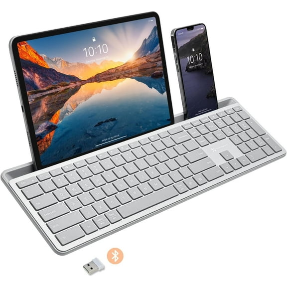 X9 Full-Size Bluetooth Keyboard with Phone Holder – Backlit Wireless Keyboard, Switch Multi-Device, Slim, Quiet, Rechargeable, w/ Copilot AI for PC, Mac, iOS & Android (Silver)