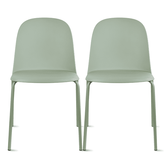 Set of 2 Stackable Dining Kitchen Chairs Plastic Armless Side with Back Curved Round Shape Chrome Metal Legs Indoor Outdoor Patio Green