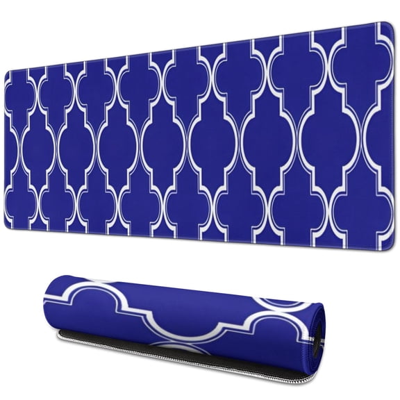 Long Mouse Pads for Desk,Blue Geometric Quatrefoil Pattern Desk Mats on Top Of Desks, Desk Mouse Pad Extra Large with 3mm Non-Slip Base and Stitched Edge for Gaming,Office,Work,Home 31.5"x11.8"