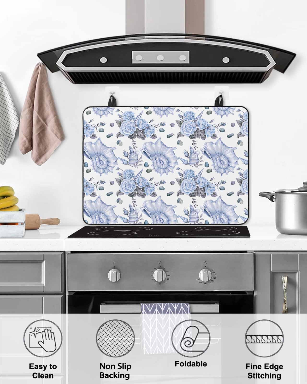 nqOlkjepod Large Induction Cooktop Protector Mat 36"x21", Purple Spring Floral Stove Top Covers for Electric Stove, Watercolor Roses Pastoral Stove Burner Cover Mats, Glass Top Stove Cover
