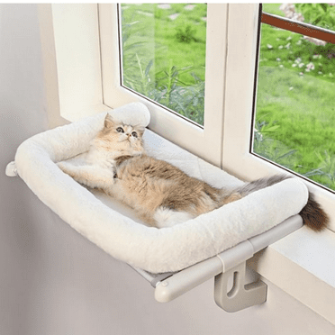 Cat Window Sill Perch with Large Bolster, Easy to Adjust & Assemble Cat Window Seat for Windowsill & Bedside, Cat  Be for Large Cats an Kittens (White, L)