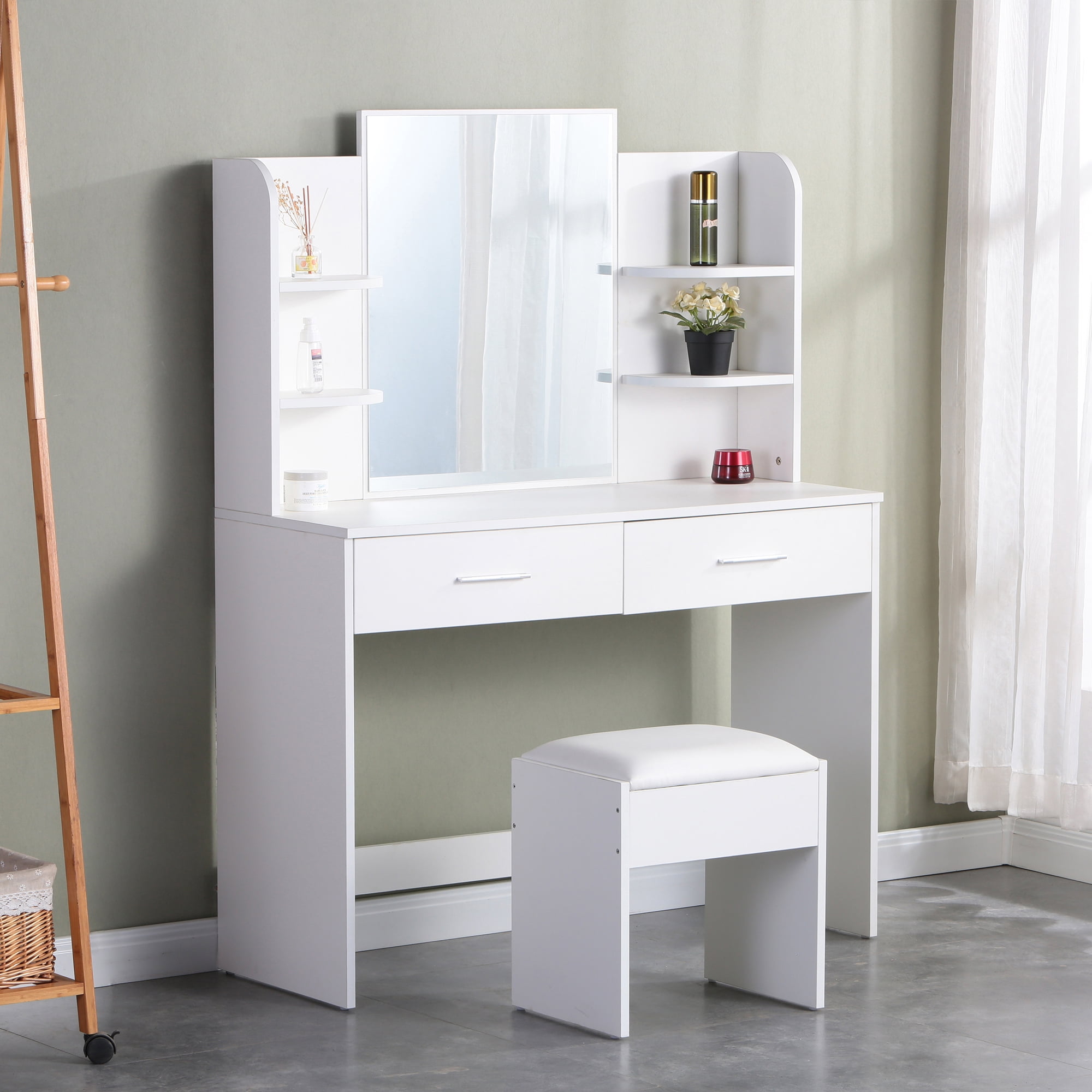 Kadyn Large Vanity Set, Vanity Table Set with 10 Light Bulbs, Makeup Vanity Desk with Cushioned Stool, 6 Storage Shelves 2 Drawers for Bedroom, White Kadyn Large Vanity Set, Vanity Table Set with 10 Light Bulbs, Makeup Vanity Desk with Cushioned Stool, 6 Storage Shelves 2 Drawers for Bedroom, White