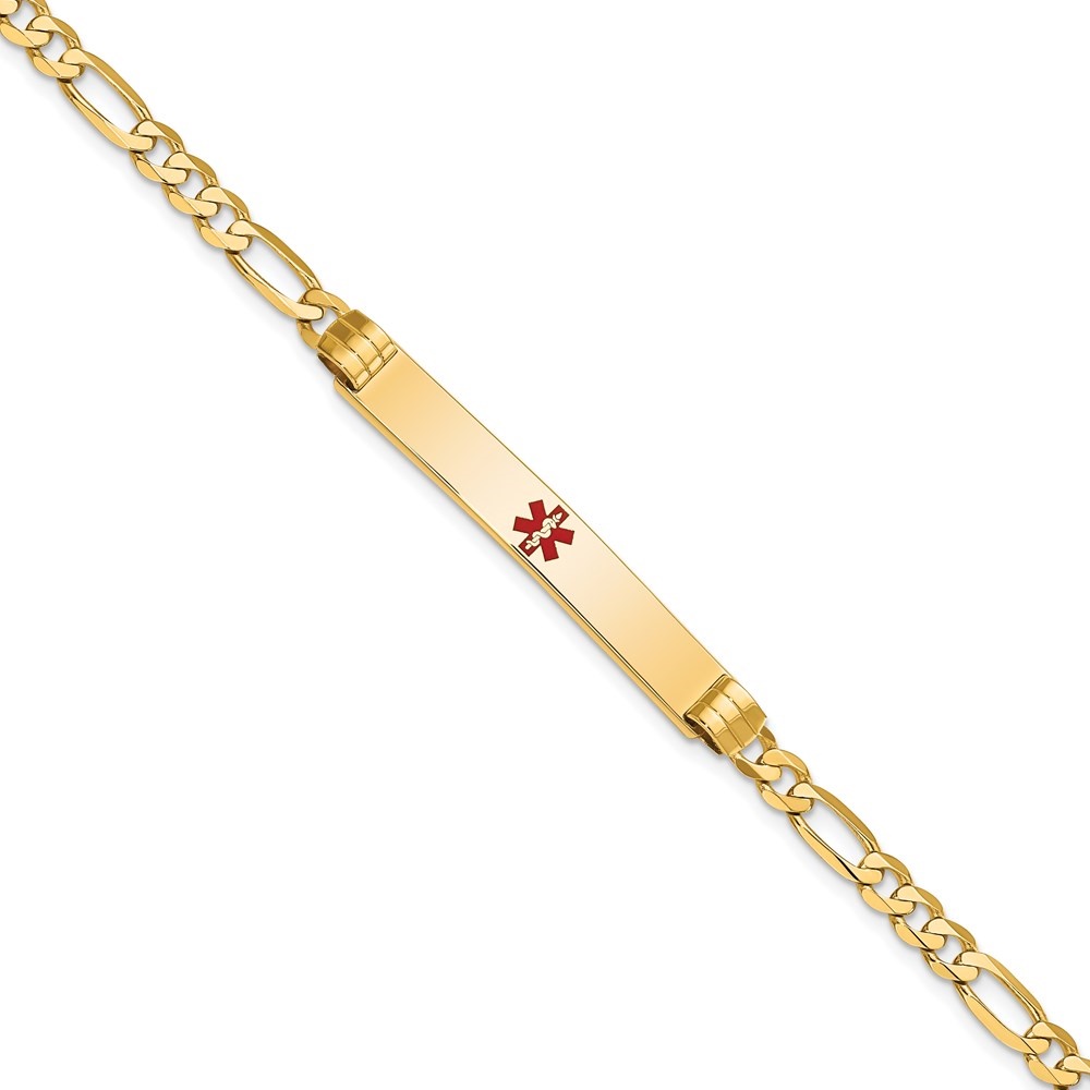 Auriga Fine Jewelry 14K Yellow Gold Red Enamel Figaro Id Bracelet 7 inch for Women (L- 7inch, W- 6.5mm)