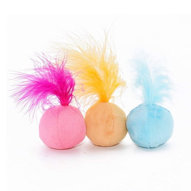 Juguete para gatos con bola de sonajero peludo con pluma y hierba gatera, bolas interactivas con pompones para gatos, suaves y ligeras, 2 pulgadas, paquete de 3.