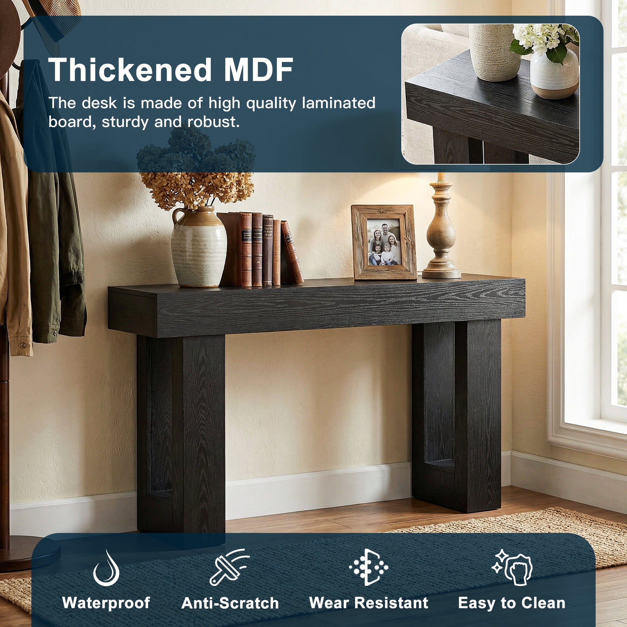 Demi Bonn 63" Console Table, Farmhouse Wooden Sofa Table Entryway Table for Hallway, Entrance, Living Room, Bedroom, Black
