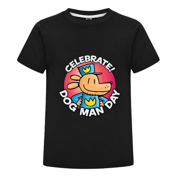 Celebrate Dog Man Day Kids T-Shirt – Boys Girls Celebration Badge Tee Top with Comic Style Design