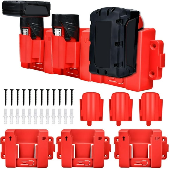 GFDYREE 2-in-1 Battery Holder for Milwaukee 12V&18V Battery, 4Packs Wall Mount M12&M18 Battery Storage Hanger Dock for Work Van, Shelf, Toolbox(No Battery)
