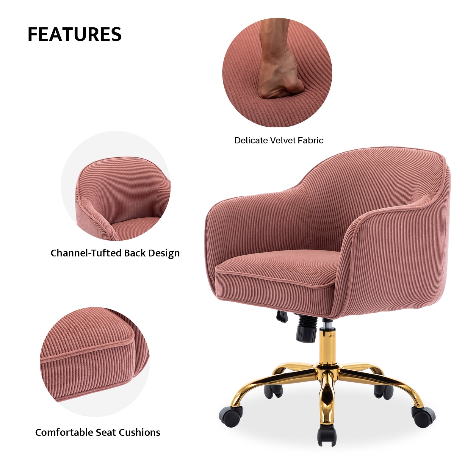 BRILHAMEZ Velvet Office Chair, Ergonomic Desk Chair with Adjustable Height, 360° Swivel, Padded Armrests for Home Office, Pink