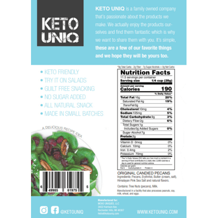 Keto Uniq, Pecan Candied & Glazed Pralines, Low Carb, No Sugar Added, Mega Bag 11.5 oz.