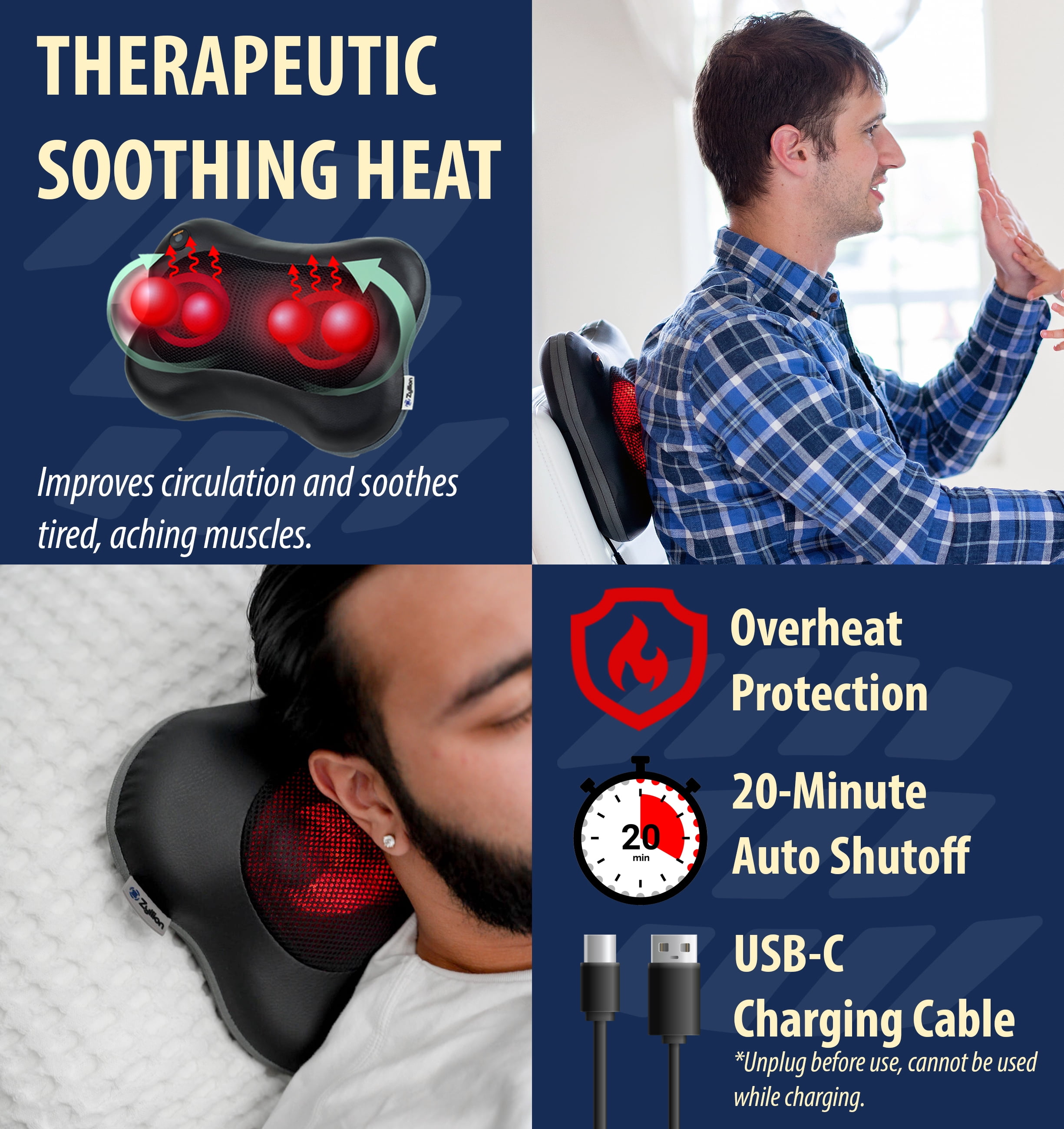 Zyllion Rechargeable Shiatsu Back & Neck Massager 3D Kneading Cordless Massage Pillow with Heat for Muscle Pain, Black
