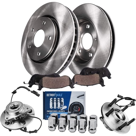 Detroit Axle - Front Disc Rotors Brake Pads Wheel Hub Bearings  10pc Wheel Lug Nuts Replacement for 2006-2009 Dodge Ram 1500 5 Lugs - 8pc Set