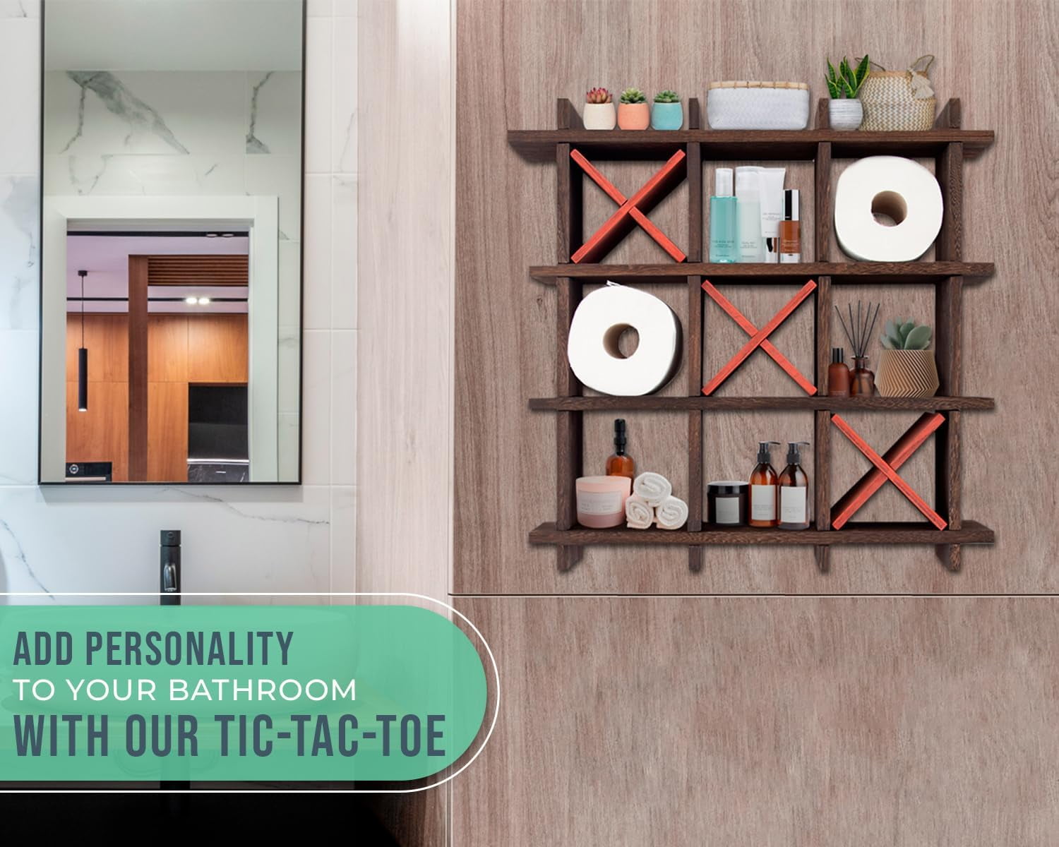 Comfify Tic Tac Toe Toilet Paper Holder, Torched Brown, Bathroom Tissue Storage Shelf for Wall Mount and Freestanding Use