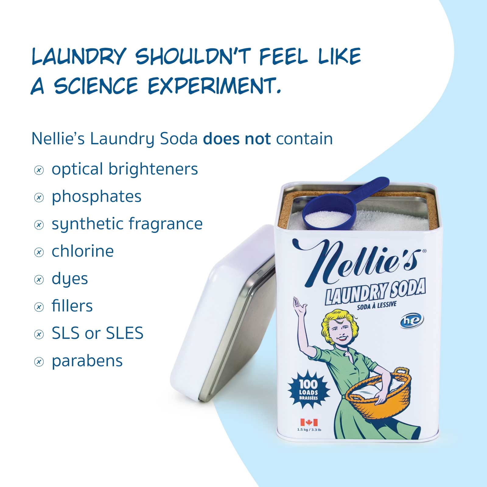 Nellie's Laundry Soda - Concentrated Laundry Detergent Powder - 100 Load Tin - Gentle on Skin and Environment - Fragrance-Free