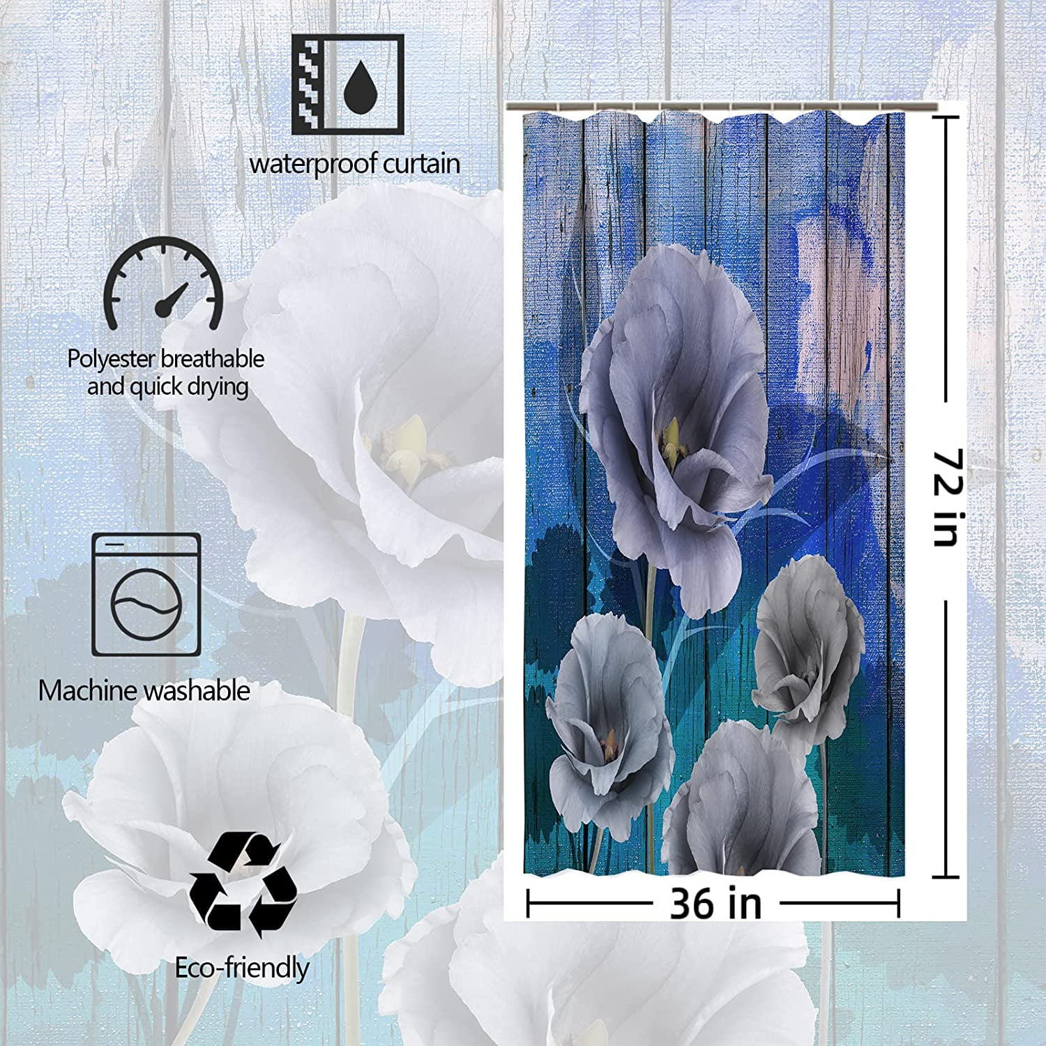 Stall Blue Rustic Shower Curtain,36x72 inch RV Bathroom Shower Curtains Set with Hooks,3D Floral Bath Curtain,Waterproof Fabric