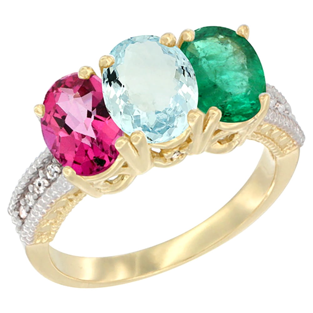 10K Yellow Gold Diamond Natural Pink Topaz, Aquamarine & Emerald Ring 3-Stone Oval 7x5 mm, sizes 5 10 by WorldJewels