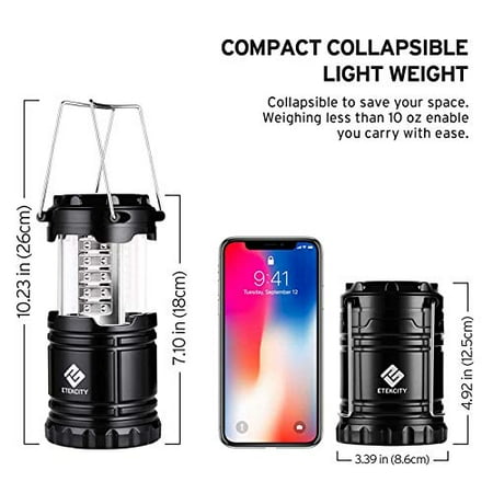 Etekcity 4 Pack Portable LED Camping Lantern with 12 AA Batteries - Survival Kit for Emergency, Hurricane, Power Outage (Black, Collapsible) (CL10)