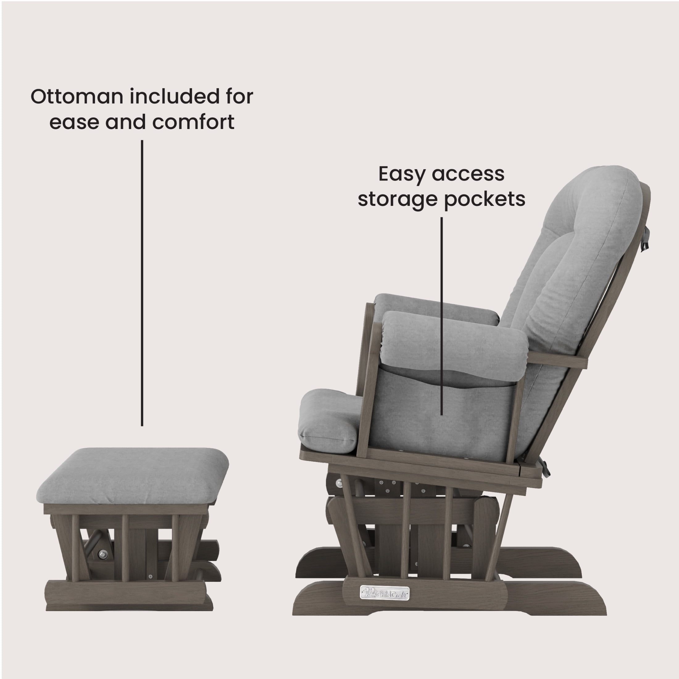 Child Craft Cozy Glider Rocker with Ottoman, Smooth Motion, Dapper Gray Frame, Light Gray Cushion
