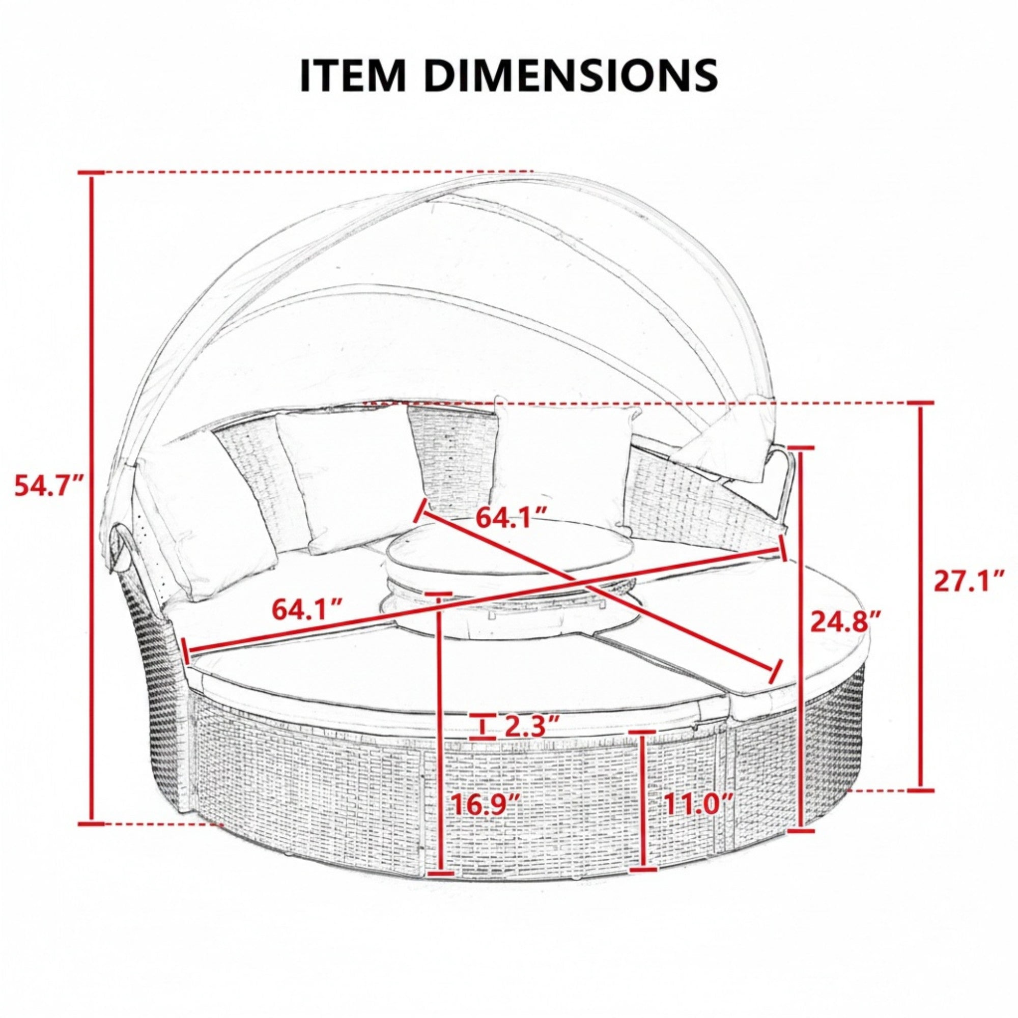 Sailvan Outdoor Sofa Bed Wicker Round Daybed with Retractable Canopy and Lift Coffee Table for Patio Poolside Navy Blue