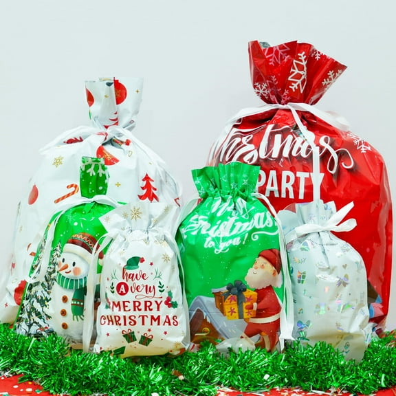 KatchOn, Christmas Bags with Drawstring - Pack of 30, Assorted Sizes | Merry Christmas Goodie Bags | Christmas Candy Bags for Kids, Christmas Party Supplies | Christmas Wrapping Bags for Decorations