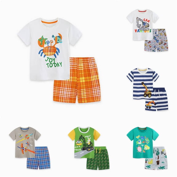 WhouRiu Boys Casual Outfits Short Sleeve Cartoon Graphic Tees And Shorts Sets Kids Summer Clothes
