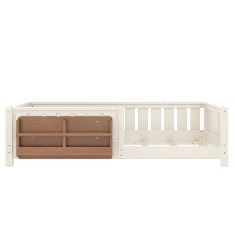 Bellemave Twin Size Floor Bed with Bookshelf, Wood Montessori Beds with Slats and Safety Guardrail, Low Profile Twin Bed Frame with Fence, No Box Spring Needed (Beige)