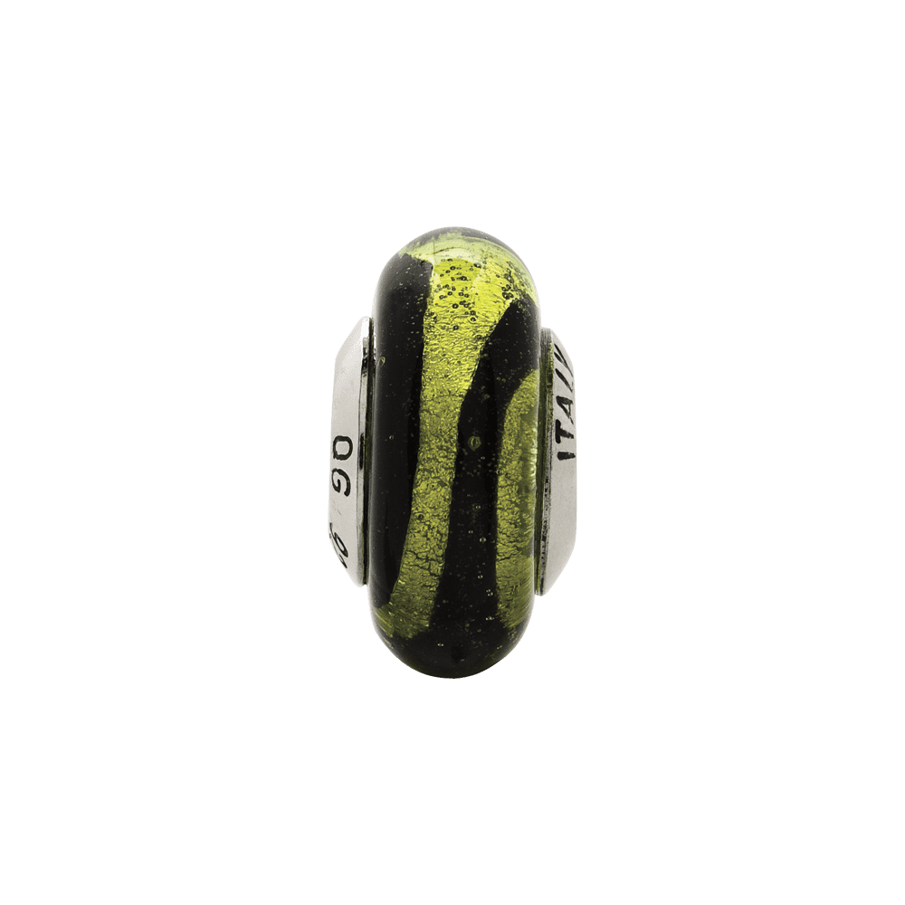 Fancy Bead White Sterling Silver Glass 13.64 mm 7.27 Reflections Lime Black Stripes Italian Murano Bead