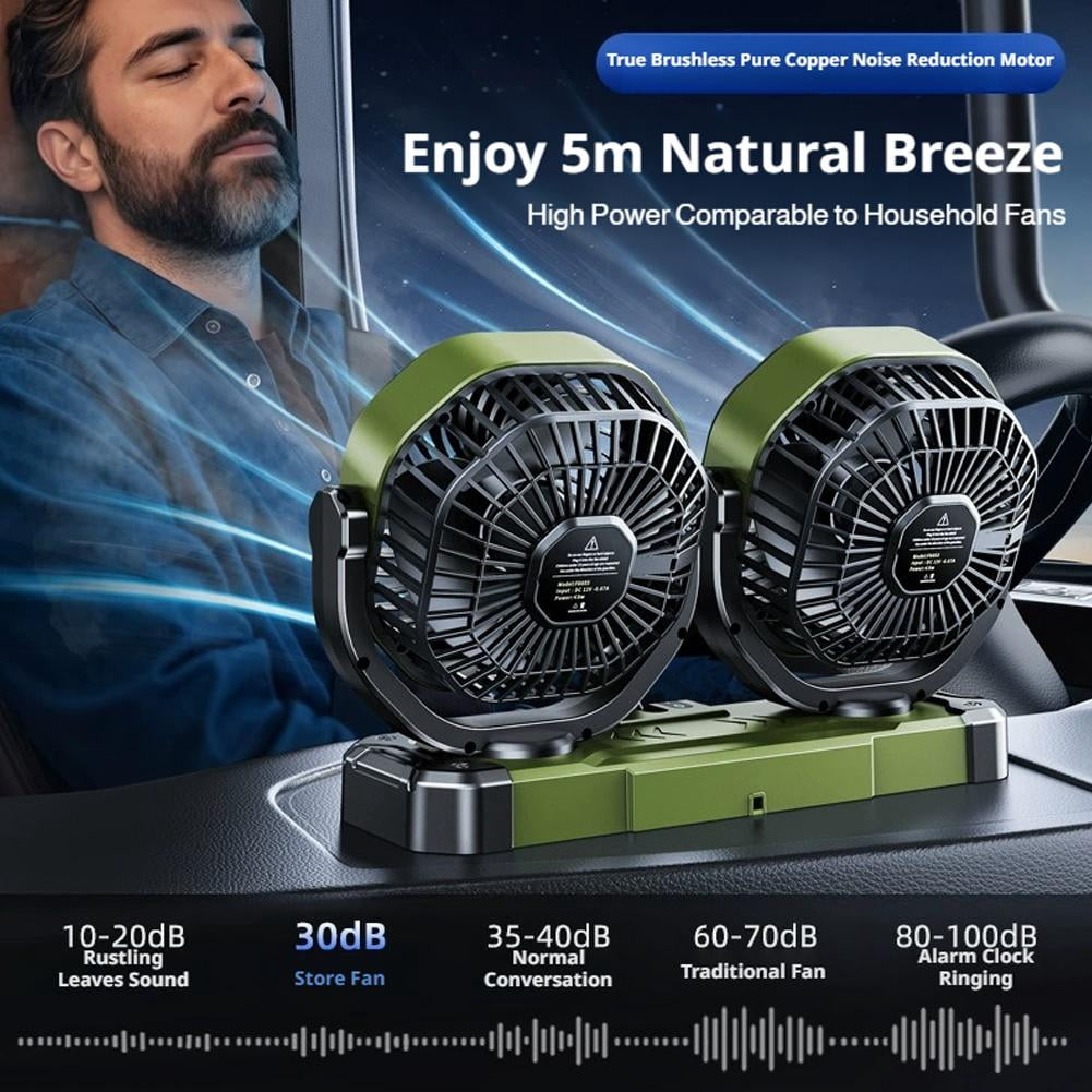 Car Fan Adjustable Dual Head, 360° Rotatable Car Clip Fan for Front/Rear Seat Passenger Car Essentials Cooler, Strong Wind Electric Air Circulation Fans for Car Truck SUV Van Boat - 5V