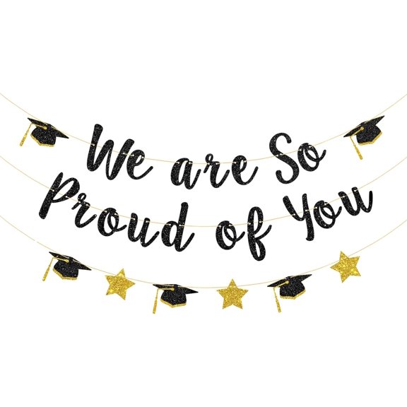 Black & Gold Glitter We Are So Proud of You Banner with Graduation Cap & Star Cutouts, Graduation Party Decorations