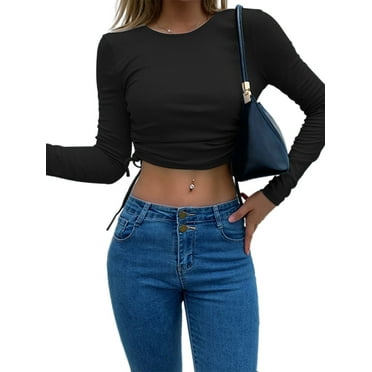 Womens Long Sleeve Crop Top Zip Up Slim T Shirt - Walmart.com