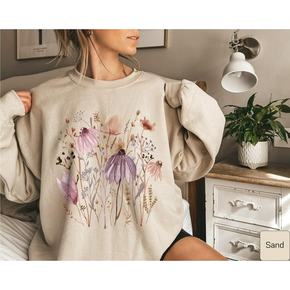 Watercolor Pressed Flowers Sweatshirt, Vintage Boho Cottagecore Crewneck, Fairycore Wildflowers Sweat, Pastel Botanical Floral Pullover