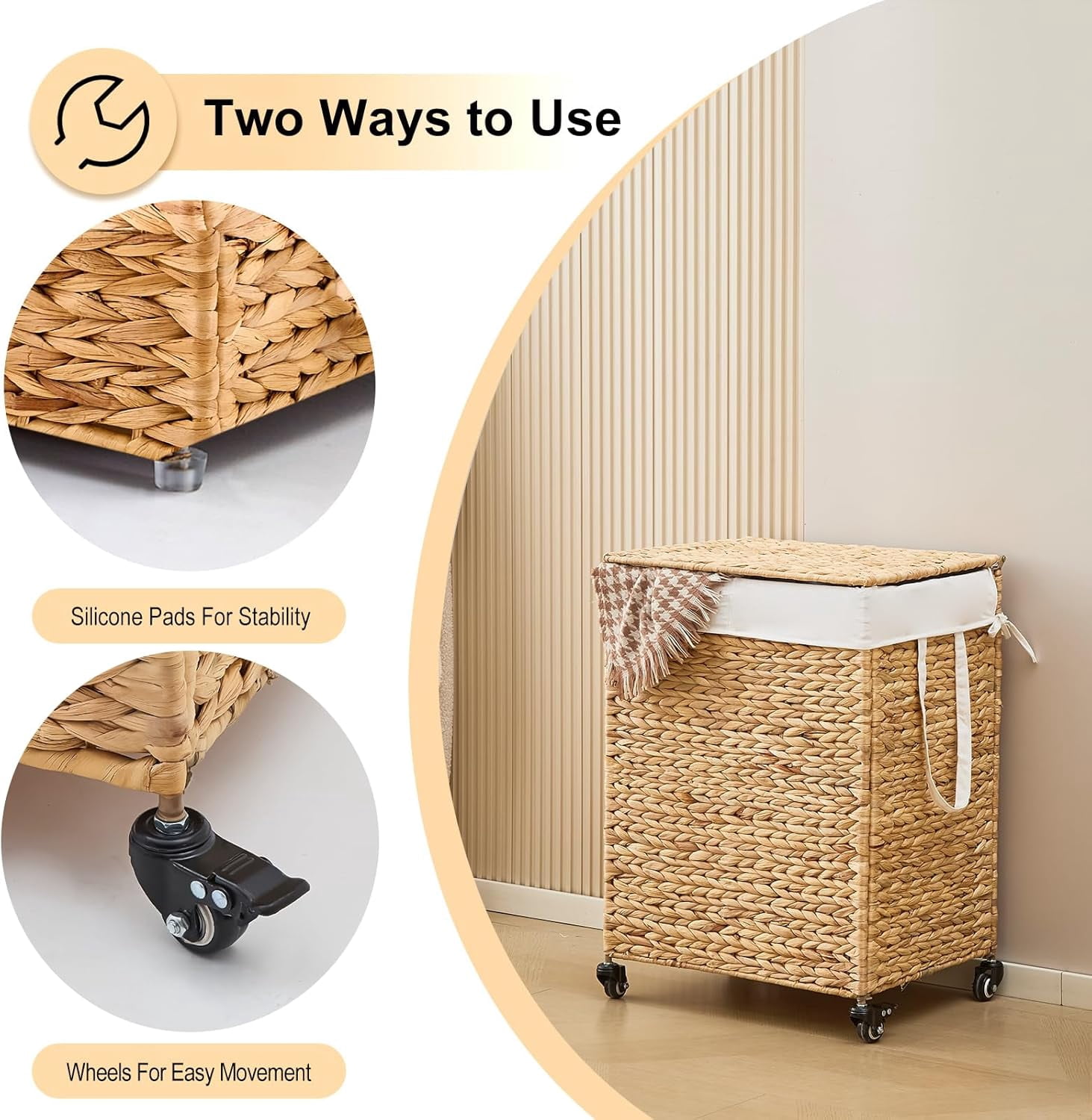 Casa Pura Furniture 2-Section Laundry Hamper with Lid, Water Hyacinth Woven Laundry Sorter with Removable Liners, Rolling or Non-Slip Design