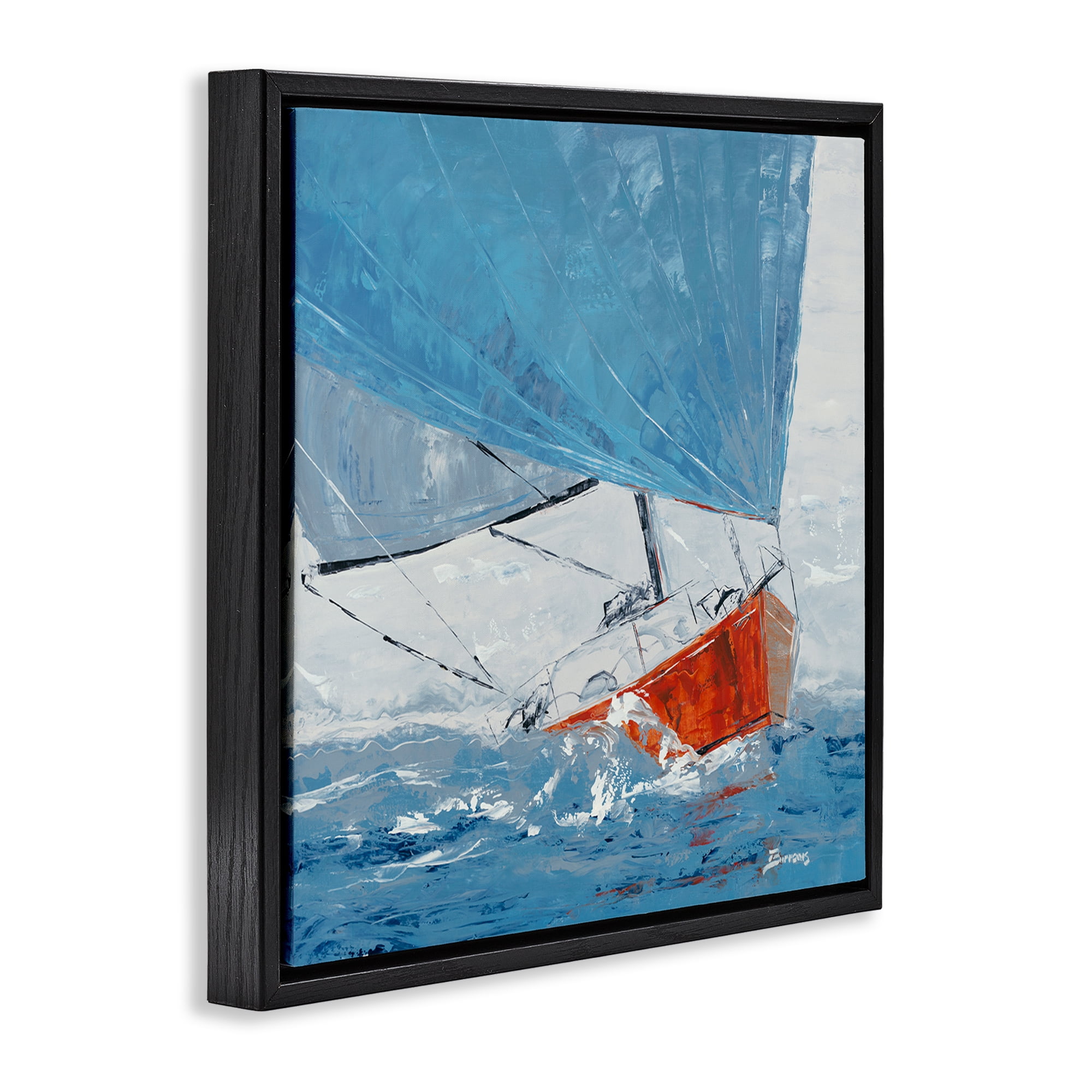 Stupell Industries Crashing Waves Against Boat Nautical & Beach Painting Black Floater Framed Canvas Art Print Wall Art, 18 x 18