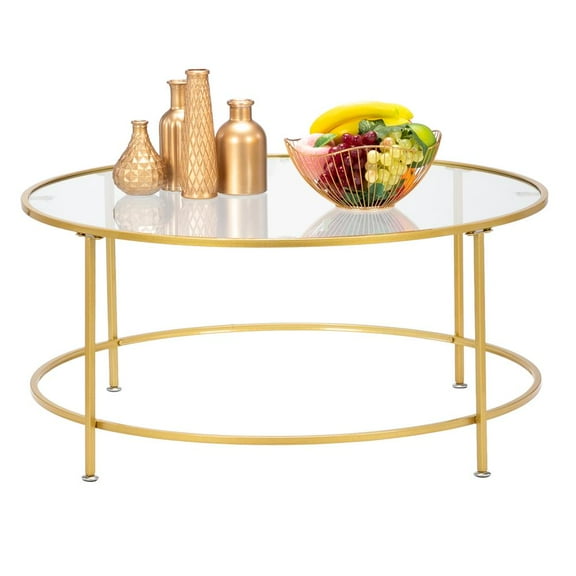 Zimtown 36" Modern Round Coffee Table, Tempered Glass Accent Side Table for Living Room, Dining Room w/Metal Frame Gold