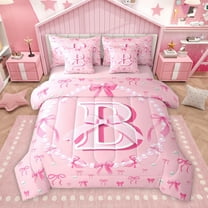 Homewish Bow Initial B Letter Bedding Comforter Set 7pcs, Dreamy Fairy Tale Bow Queen Bedding Sets, Cute Cartoon Style Reversible Queen Sheet Sets, Super Cozy Room Decor