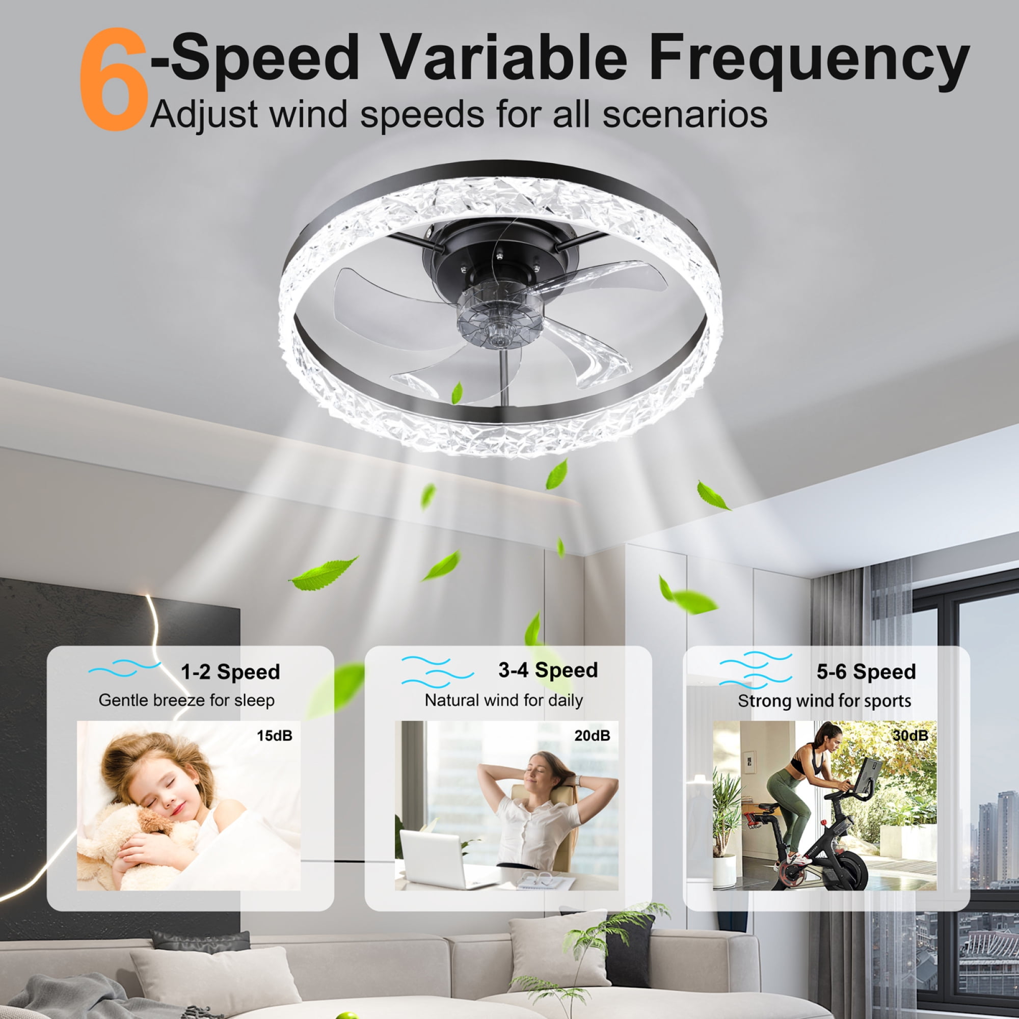 Leumius 19.7" Ceiling Fans with Lights Remote and APP Control, Dimmable 3-Color and 6-Speed quiet DC Motor, Ceiling Fan for Living Room Bedroom Black