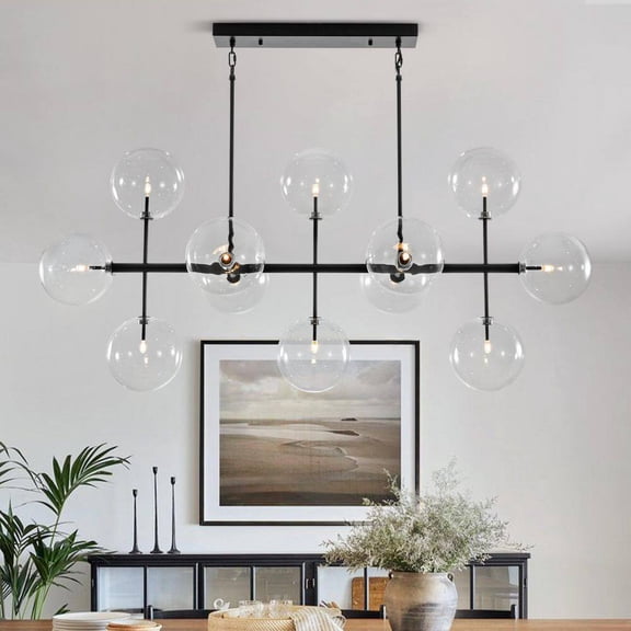 HUOKU Dimma 12-Light 57.9 in. W Matte Black Branch Long Crossbar Chandelier with Clear Glass Globe for Kitchen Island