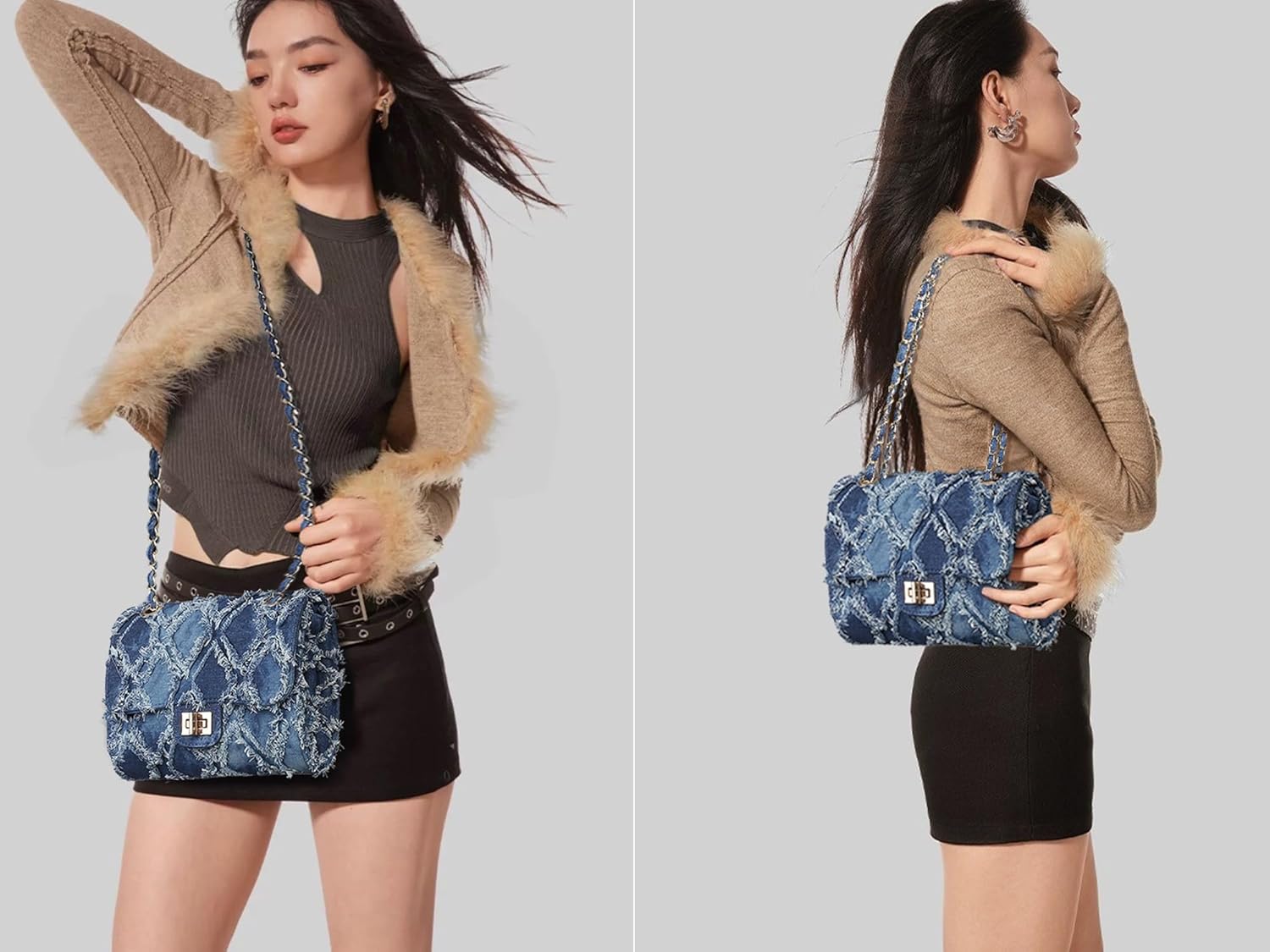 Kwuty Kwuty Women Small Shoulder Bags Quilted Crossbody Distressed Jean Denim Purse Evening Bag Clutch Handbag with Chain Strap