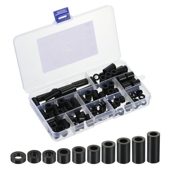 Uxcell M6 Nylon Spacer Set, 100Pcs Non-Threaded Round Spacer Standoff Assortment for PCB, Circuit Board, Switch, Black