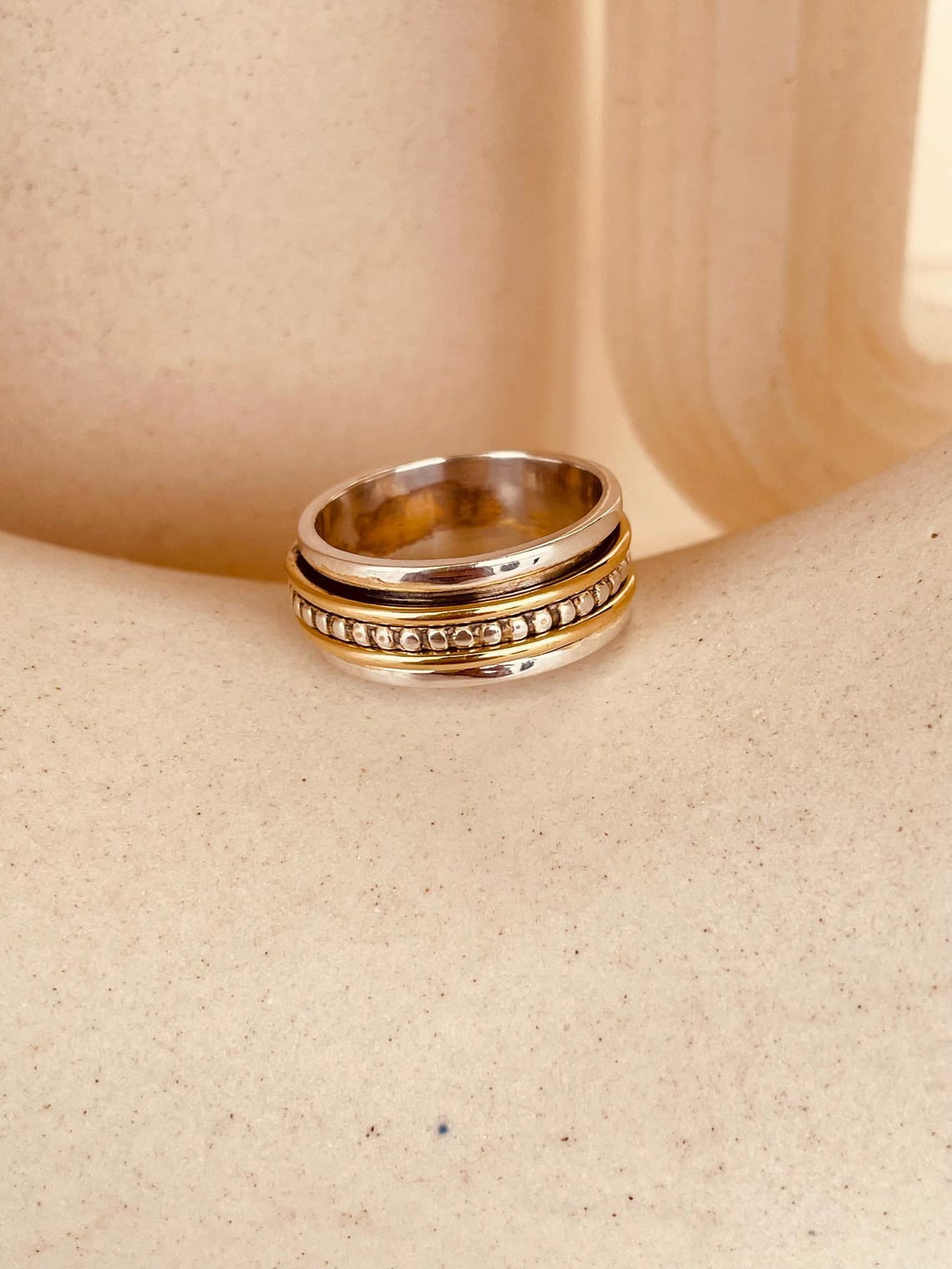 SS DESIGNS Fidget Spinner Ring - 925 Sterling Silver & Gold Plated Handmade Anxiety Relief Meditation Spinner Jewelry, Boho Statement Stress Reliever Gift