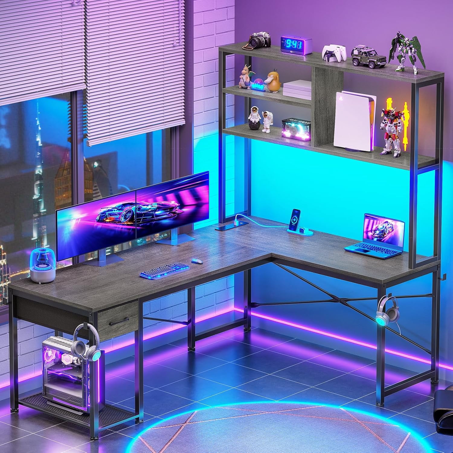 51" L Shaped Desk wtih Power Outlets and Storage, Reversible Gaming Desk with Drawer and Open Shelves, Small Computer Desk Corner Desk with LED Lights for Home Office, Bedroom, Small Space, Grey