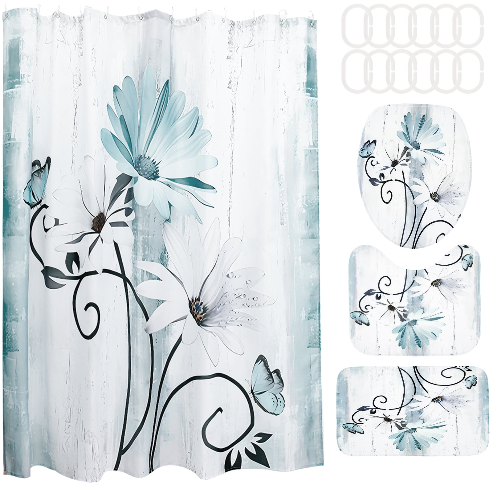 Dznils Rustic Farmhouse Shower Curtain and Rug Set, 16 Pc Teal Daisy Floral Bathroom Set, 72" x 72"