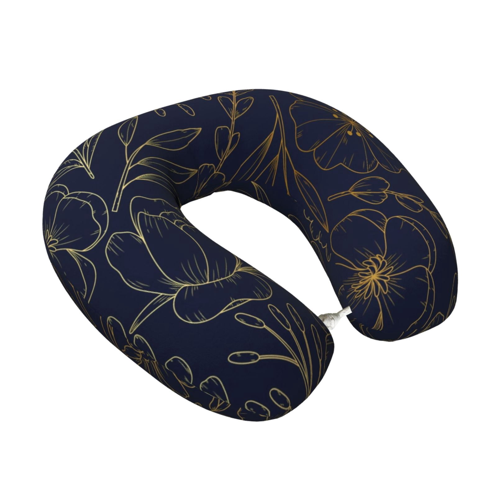 Xecao Copper-Gold Gloss Outline Flower Print Memory Foam Cervical Neck Pillow Versatile U-Shaped Pillows for Home,Office,Camping,Travelling,Soft Washable Cover